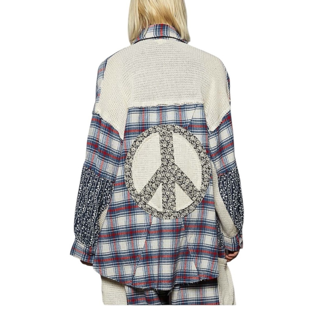 POL M Plaid Knit Cardigan with Peace Sign